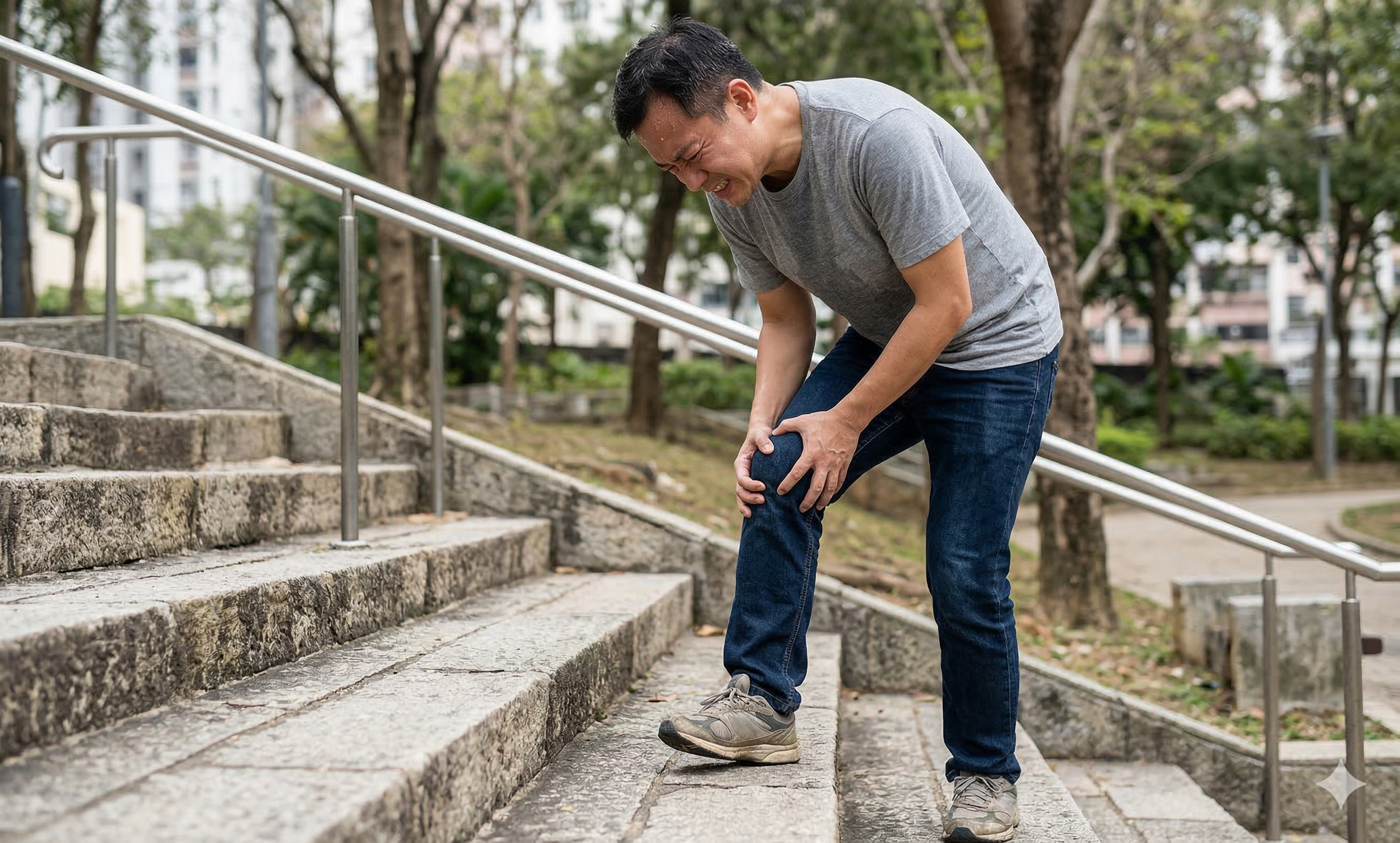 Patient feeling knee pain when climbing stairs