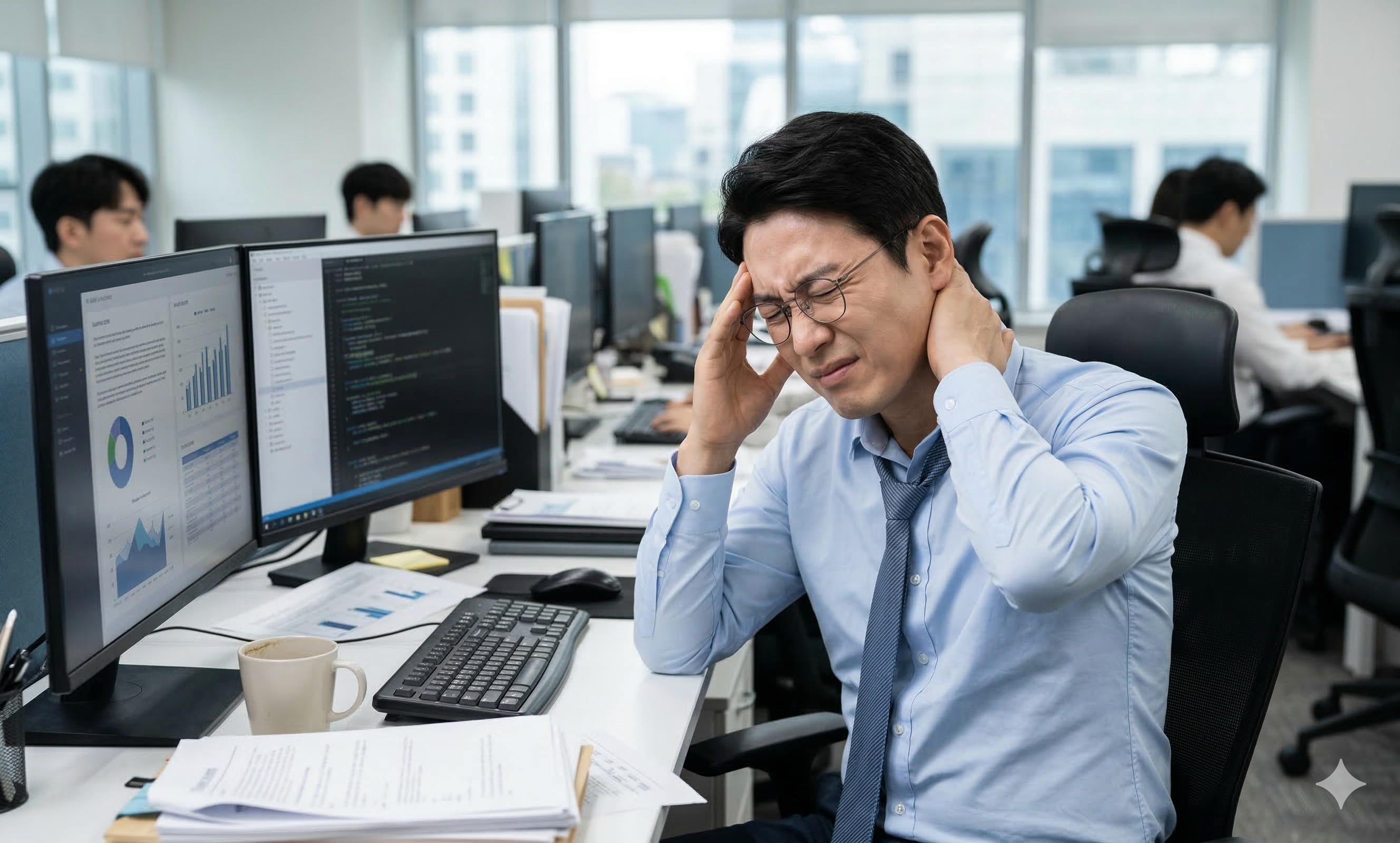 Office worker feeling neck pain and headache during work