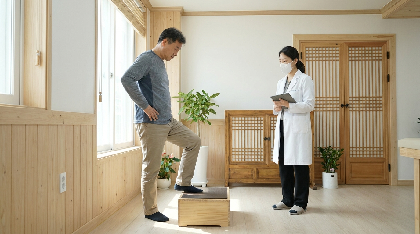 A scene in a clinic where a patient with hip osteoarthritis checks walking and stair-climbing movements together with medical staff