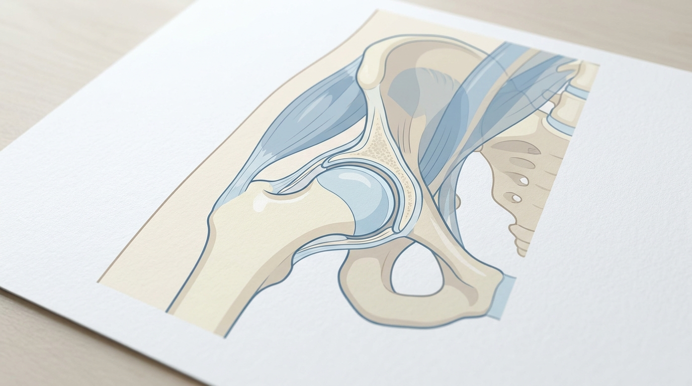 Conceptual illustration of the femoral head and acetabulum in the hip joint